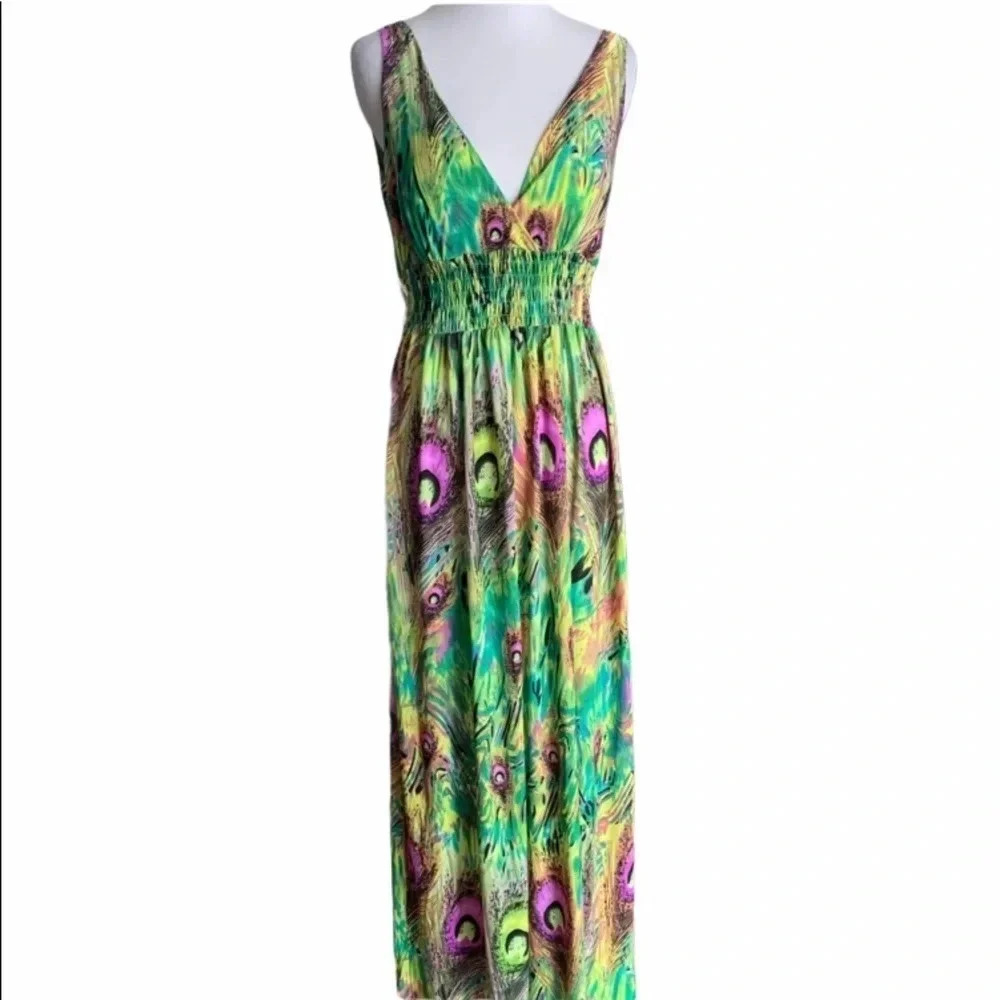 FCNY Peacock Feathers Print Maxi Dress